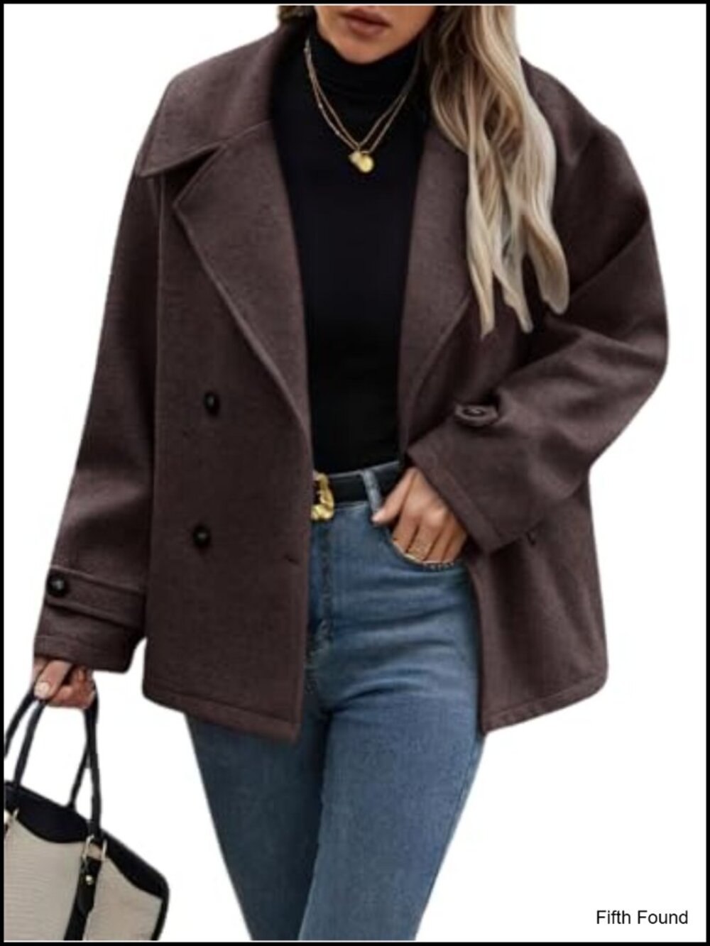 Wool Blend Cropped Pea Coat Button Down Loose Fit Notch Collar